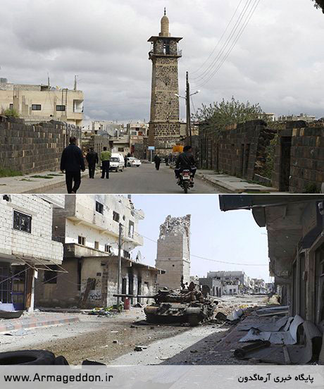 مسجد عمری در درعا، در سالهای ۲۰۱۱ و ۲۰۱۳ Omari mosque in Deraa. Above in 2011 and below in 2013. Photograph: Reuters