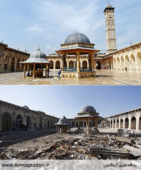 مسجد اموی در ادلب، در سالهای ۲۰۱۲ و ۲۰۱۳ Umayyad mosque, Aleppo, pictured in 2012 (above) and 2013 (below). Photograph: Alamy, Corbis